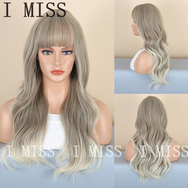 Blond brun lång lockig damperuk med lugg och highlights