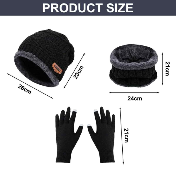 Winter knit skull hat, warm neck scarf and touchscreen gloves in black