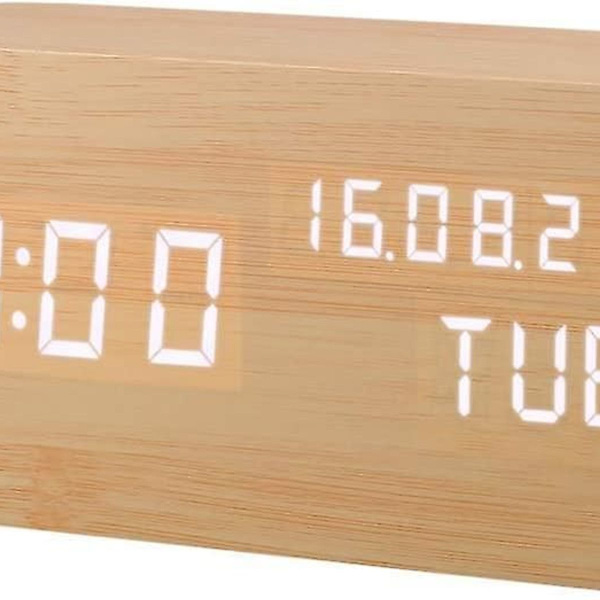 LED-väckarklocka i träimitation med ljudstyrning, temperatur och kalender