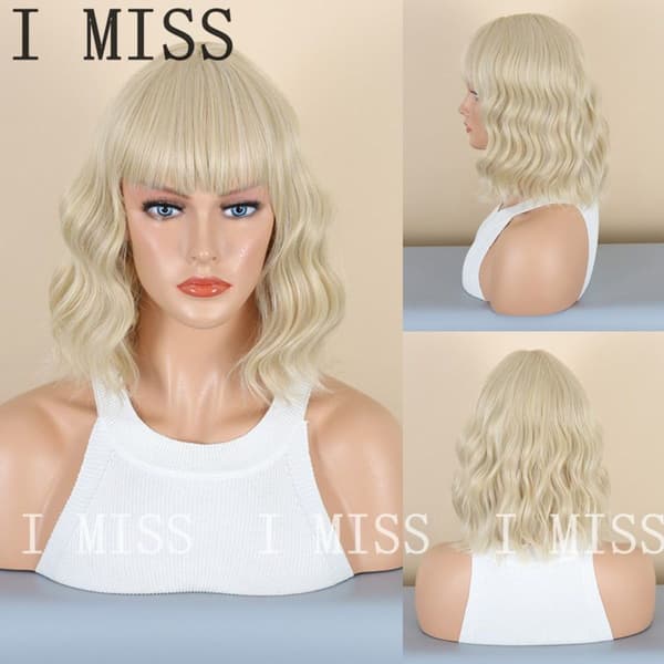 Blond Qi Bangs kort hår peruk för kvinnor