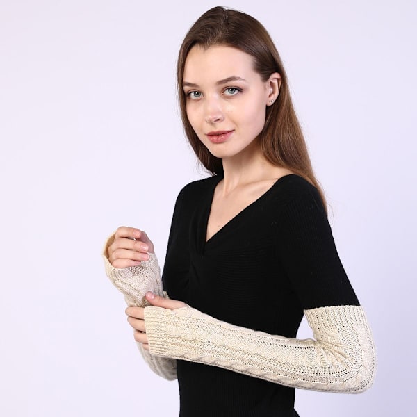 Fingerløse tommelfingerhuller Lange HandskerTwisted Strikvarer Varme Fingre Beige KLB