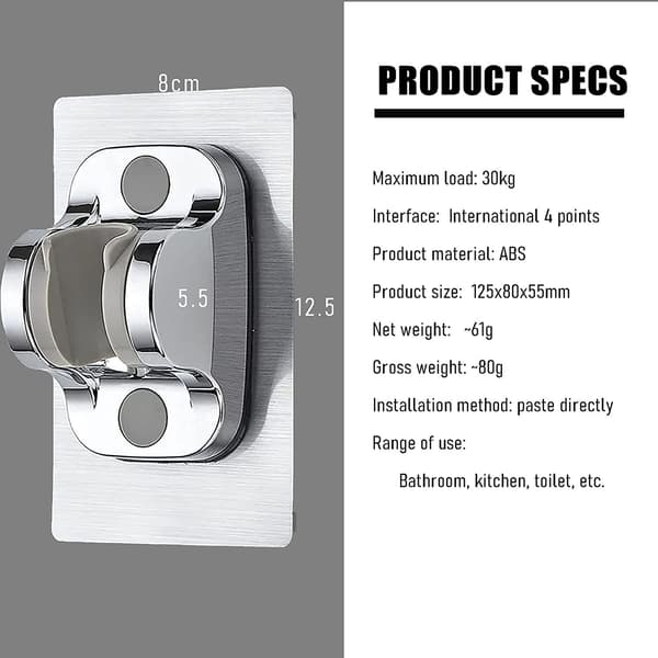 Duschhuvudhållare, ingen borrning, starkt lim, justerbar vinkel, silver, 2-pack