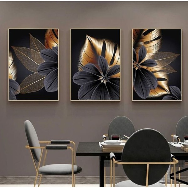 3 kanvasjulisteen set - kuvio: kasvinlehti - musta - moderni printti - seinäkoristelu - seinämaalaus 30 * 40 cm
