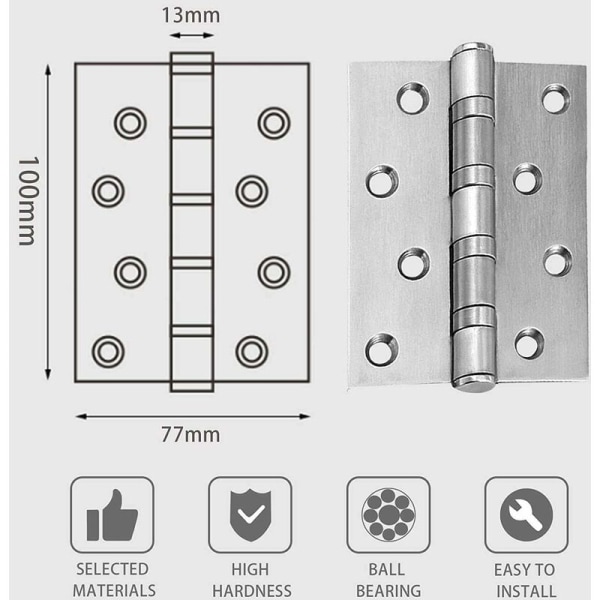 Set med 2 dørhengsler i rustfritt stål, materialtykkelse 3 mm + 16 skruer for dører, hjemmeinnredning maskinvare garderobe dør skuffebeskytter (sølv) KLB
