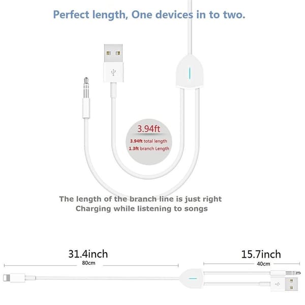 Aux-kabel, Lightning til 3,5 mm AUX-kabel, 2-i-1 lydladekabel