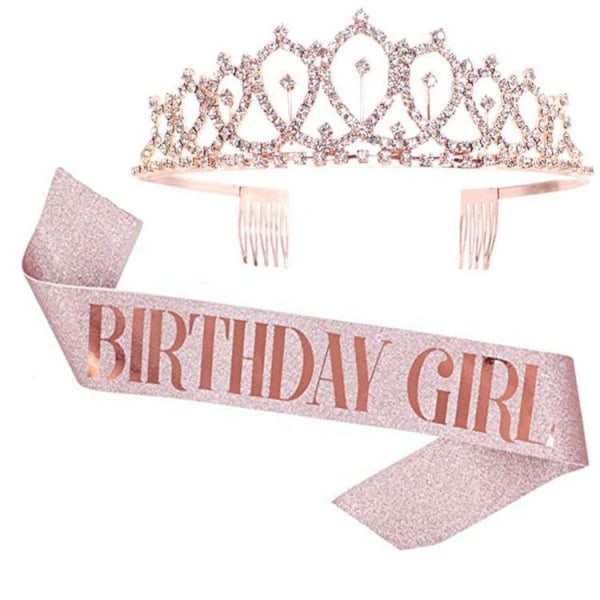 Födelsedagstagg med set(roséguld), glittrande födelsedagsflickbåge och krona, födelsedagspresentskärp kronflicka födelsedagstillbehör