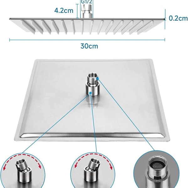 Anti-limescale shower head, water-saving rain shower head with stainless steel nozzle, 12 inches/30 c