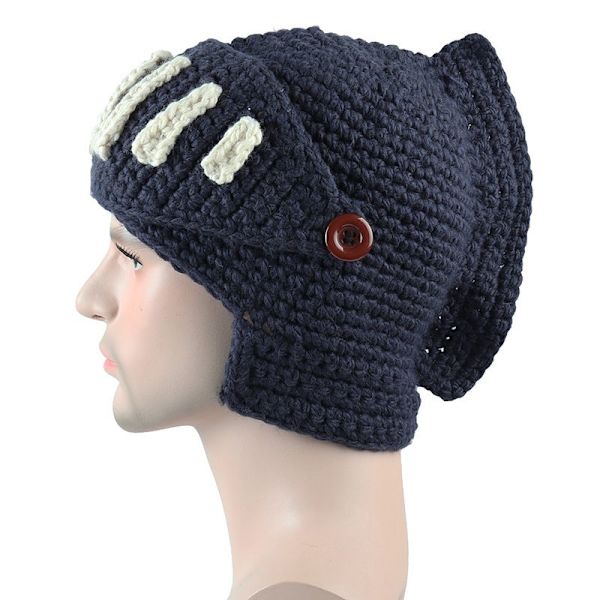 Romersk riddare stickad blå mössa vinter gladiator mask mössa handgjord stickad herrhatt