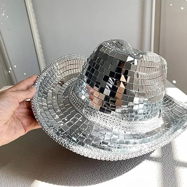 Disco kugle cowboyhat, spejlkugle cowboyhat, polterabend KLB