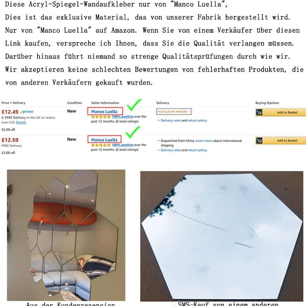 Sæt med 12 sekskantede akryl vægklistermærker og plastik spejle til boligindretning KLB