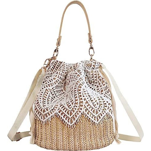 Halm Väska Crossbody Väska Korg Väska Kvinnor Flickor Dragsko Spets Vävd Handväska Sommar Rotting Strandväska Boho Semester Hink
