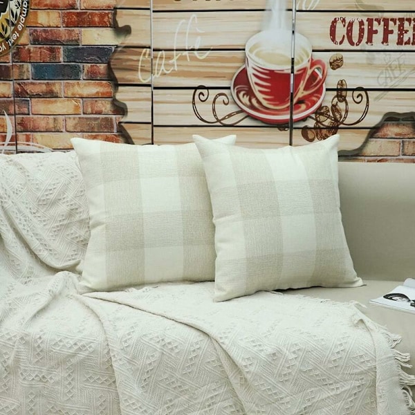 Kuddfodral Geometriskt Gitter Kuddfodral för Soffa Hem Vardagsrum Sovrum Heminredning, 45x45cm, Set om 2 Stycken (Beige Vit｜2 Stycken) KLB