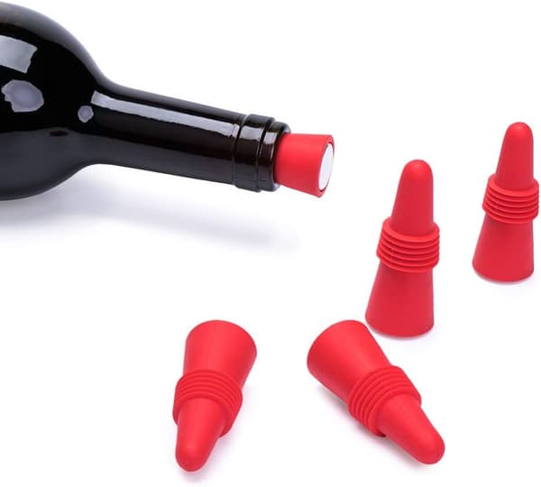 Vinstoppare (Set om 5), Vinstoppare i silikon och dryckesflaskor, Röd