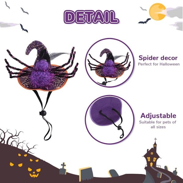 Koiran Halloween-asut, hämähäkkikoiravelhon hattu ja violetti ruudullinen koiran solmio KLB