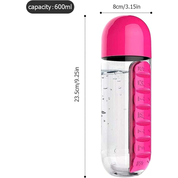 Bærbar 2-i-1 pilleæske/flaske-600 ml (pink og sort)-