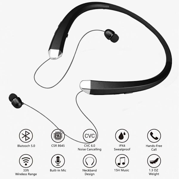 Bluetooth-hodetelefoner, trådløst nakkebåndsheadset med svart