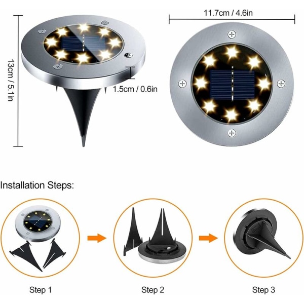 Pakke med 12 vanntette LED-solbakkelykter for utendørs bruk, landskap, plen, terrasse, oppkjørsel, dekk (varmhvit) KLB