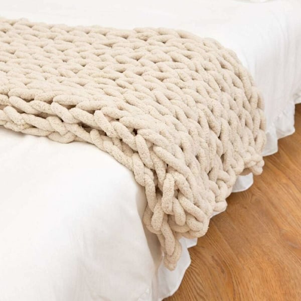 Tjock stickad pläd Tjock stickad stickad pläd Handvävd grov ull Soffa filt Tjock ull pläd Pläd 80X100,Beige KLB