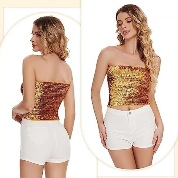 Glitrende paljett-crop tops for kvinner metalliske tube topper stroppeløse gull