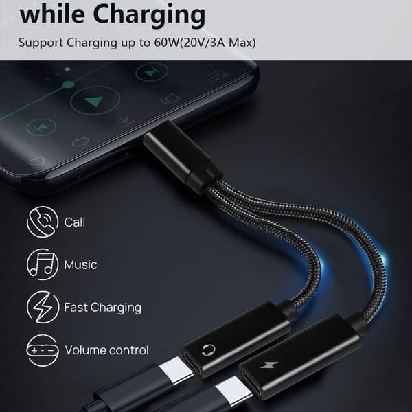 USB-C Splitter, Dobbelt USB-C Hovedtelefoner og Oplader Adapter med TA2H-B2L60 Sort