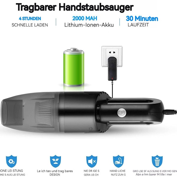 Håndholdt støvsuger bilstøvsuger trådløs 6000Pa med 2000mAh batterier KLB