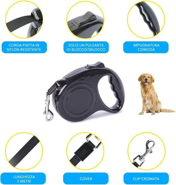 Udtrækkelig snor til mellemstore og små hunde, indtrækkelig 5 meter (sort)