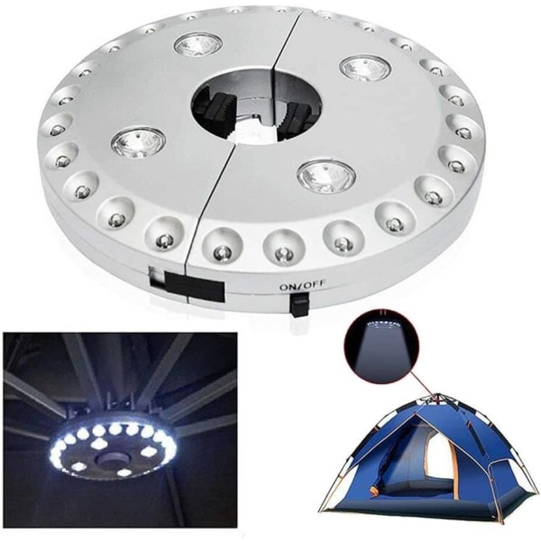 Trådløs parasol/terrasselys med 24 + 4 LED'er, ideel til camping, telte og udendørs brug - Sølv
