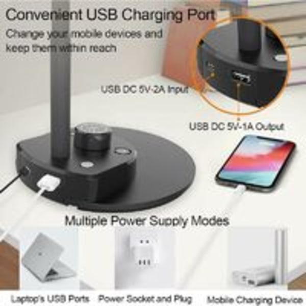 LED-skrivebordslampe med USB-ladeport, 3 fargemoduser, leselys, fullt dimbar, smart sensor, automatisk dimming, arbeidslys
