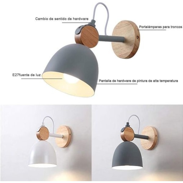 Vägglampa i trä, modern inomhus spotlight, metall och trä, färg