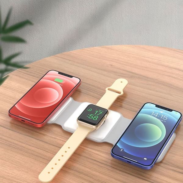 Trådløs opladningsplade til iPhone foldbar, kompakt 3 i 1 hvid