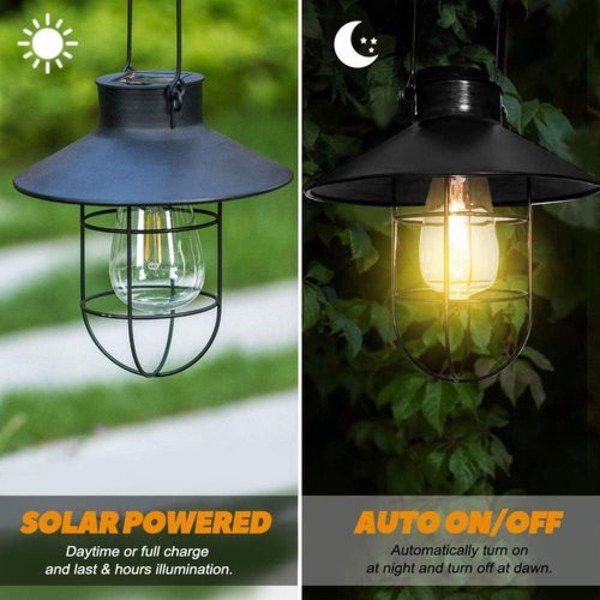 Hengende solcellelykt med krok, vintage LED-solcellelys med varmt hvitt,