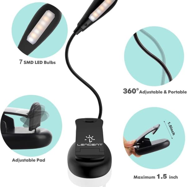 Oppladbar bokleselampe, 9 lysstyrkemoduser, 7 LED-leselamper KLB