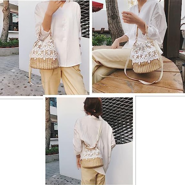 Halm Väska Crossbody Väska Korg Väska Kvinnor Flickor Dragsko Spets Vävd Handväska Sommar Rotting Strandväska Boho Semester Hink