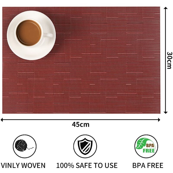 Sett med 3 vaskbare plassmatter - Varmebestandig PVC - med matchende bordløper og coasters - for kjøkken og restaurant - Rød KLB