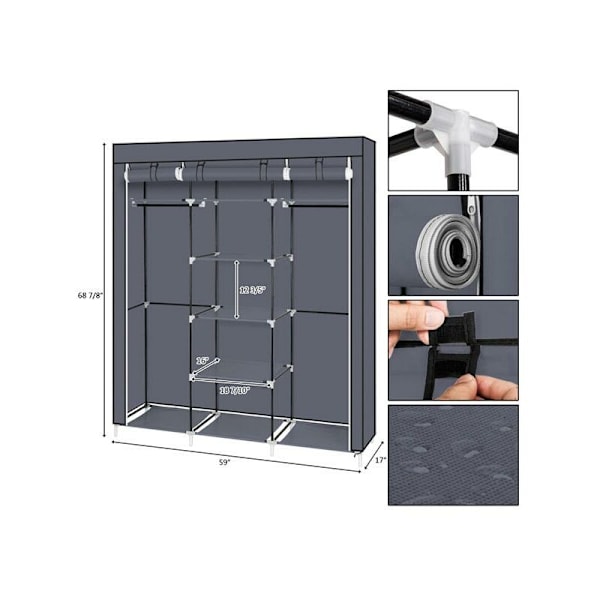 69\" Non-Woven Fabric Opbevaringsskab - 9 Hylder inklusive Dobbelt Stang - Grå Farve KLB