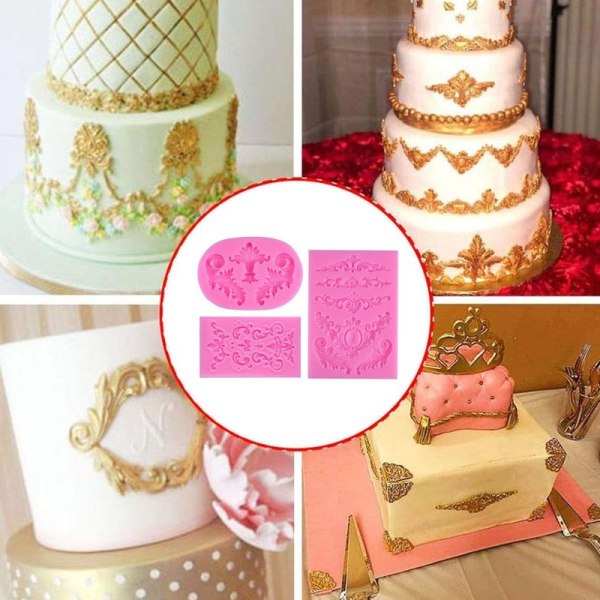 3-pack barock silikon fondantformar 3D skulpterade rullverk snirklar filigran
