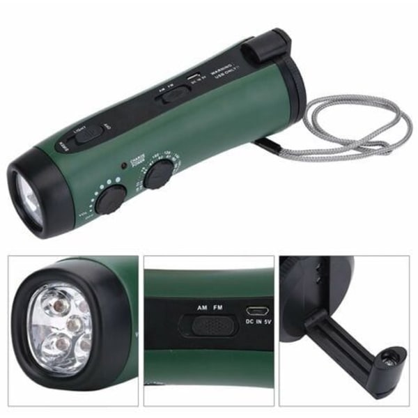 Dynamo ficklampa, bärbar vevlampa med telefonladdning, nödvevradio med LED-ficklampa för vandring, camping, utomhusnöd