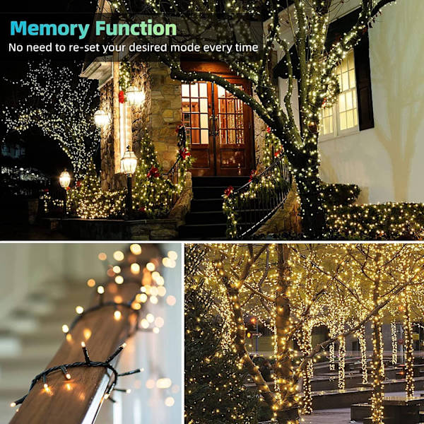 Varmt hvitt juletrelys - 20M 200 LED juletrelys, elektrisk, 8 moduser, vanntett for utendørs og innendørs juledekorasjon