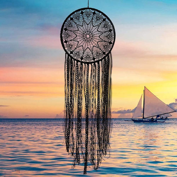 Håndlavet sort drømmefanger - Stor Boho drømmefanger med sort macrame - Vægdekoration til bil, bryllup, hjem, soveværelse,-