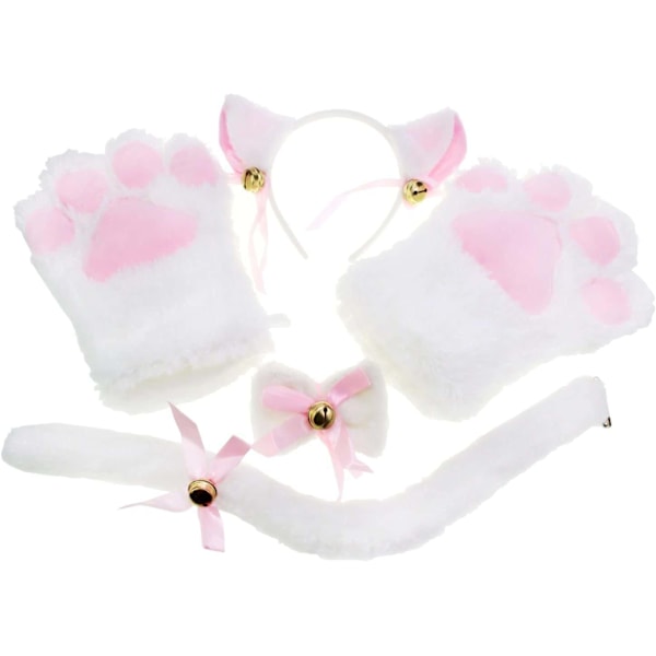 Katt Cosplay Sett Hvit, Katt Ører Hodebånd Kitten Hale Ører Krage Labber Hansker, Katt Cosplay Kostyme Søt Kostyme Festdekorasjon Sett for Barn Kvinner Jenter