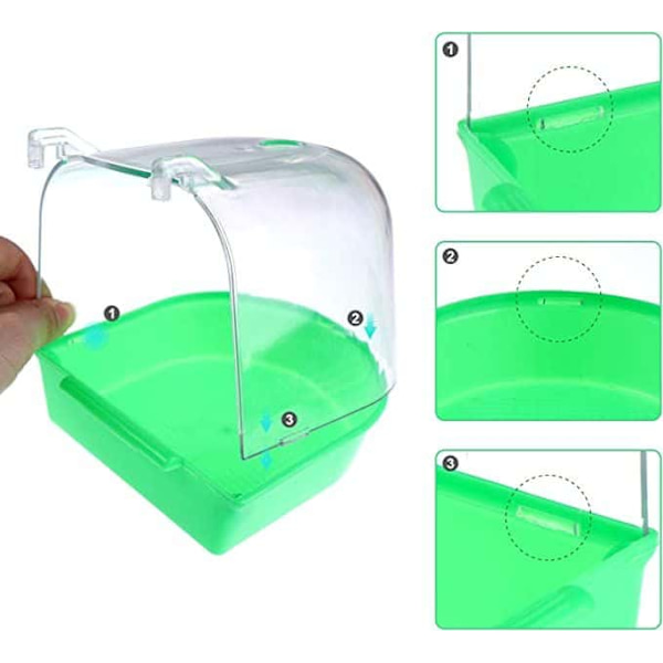 Transparent fågelbad, plastbur för rengöring av papegojor och gökfåglar, grön