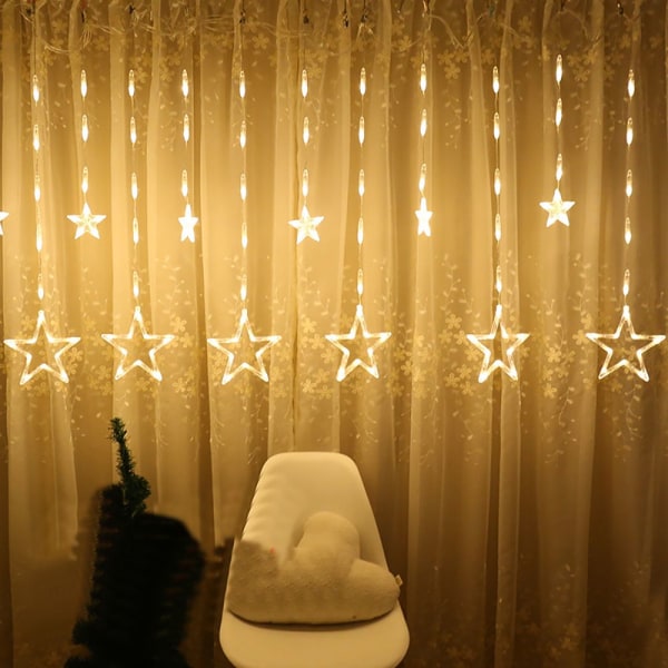 12 tähden tähtivalot ikkunaverhoon, 8 vilkkuvaa tilaa jouluun, häihin, juhliin, kotiin, patiolle, nurmikkoon, lämpimän valkoiseen (138 LED-tähteä)