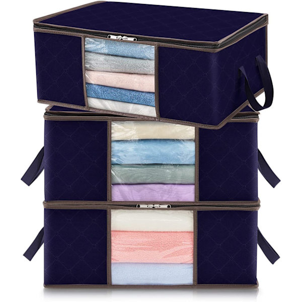 3-pack 35L Klädförvaringsväska, Marinblå Vikbar Under Säng Organizer, Täckeöverdrag Garderob Organizer med Stark Tyg Klar Fönster för Kläder.