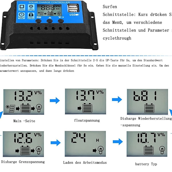 Solbatteri-controller 12V/24V solpanel-ladningsstyringscontroller Jordforbindelse KLB