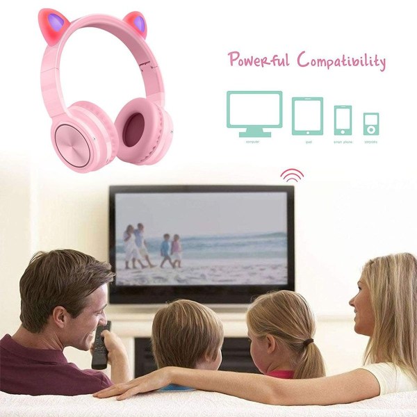 Bluetooth-hörlurar Kattöron LED Trådlös Hopvikbar Rosa