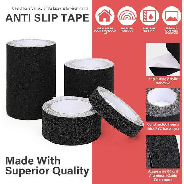 Antiskridstape, høj trækkraft, lav limrest, bedre greb, friktion, slibende klæbemiddel til trapper, sikkerhed, stige, indendørs, udendørs, sort (15 cm x 5 m) KLB