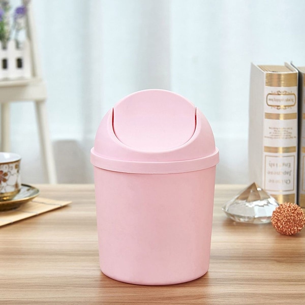 Mini skraldespand i plast med svingelåg, lille bordskraldespand i pink