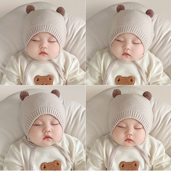 Hæklet babyhat Småbarn Sød Bear Ear Beanie Kl Beige Curry Ball KLB