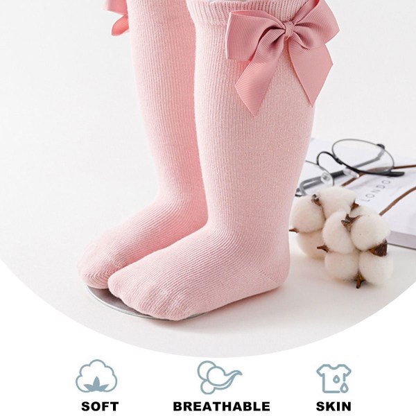 Dobbel rosa babystrømper med sløyfe høst/vinter 13-15cm KLB