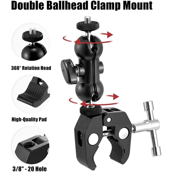 Dobbelt kulehode kameraklemme Monitorfeste med superklemme med 1/4'